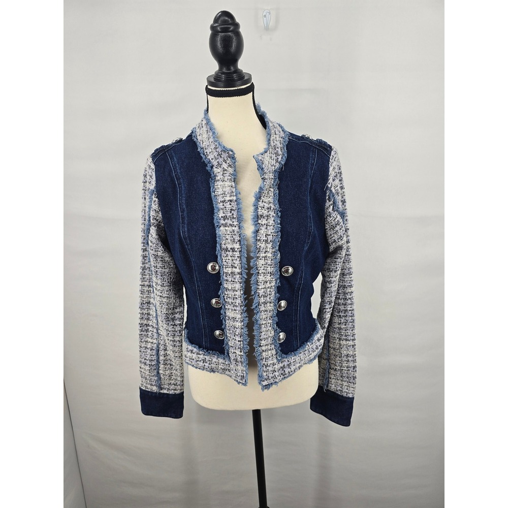 Guess Los Angeles Mixed Media Denim Tweed Fringe Jacket Blue Silver Button Large